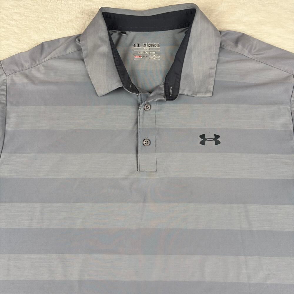 Under Armour HeatGear Men’s 2XL Gray Striped Golf Polo Loose Fit Short Sleeve